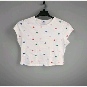 Juicy‎ Couture Crown Print Large Crop Top  Cotton Short Sleeve White